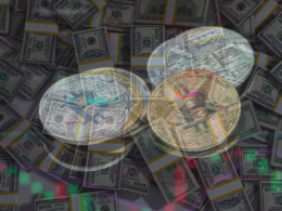 3 bitcoins sur un fond de dollars